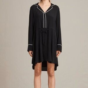 All Saints Leon Shirt Dress Small Black Crepe Long Sleeve Collared Mini